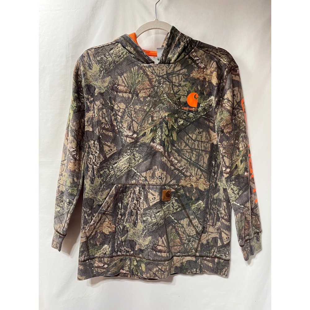 Carhartt Boys Mossy Oak Camo Hoodie Orange‎ Logo Fleece Sweatshirt Large 14-16